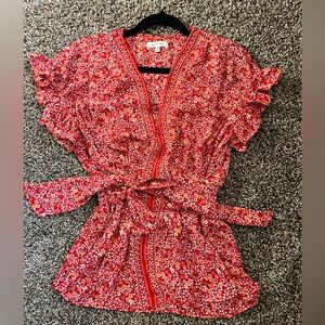 Max Studio Red Flutter Sleeve Blouse with Ruffled Tie Front